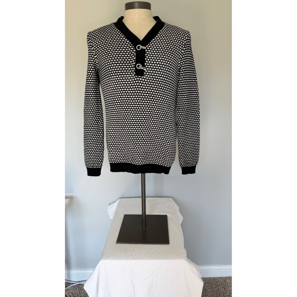 Karen Scott Black White Cotton Pattern Clasp Henley Knit Sweater Large L
